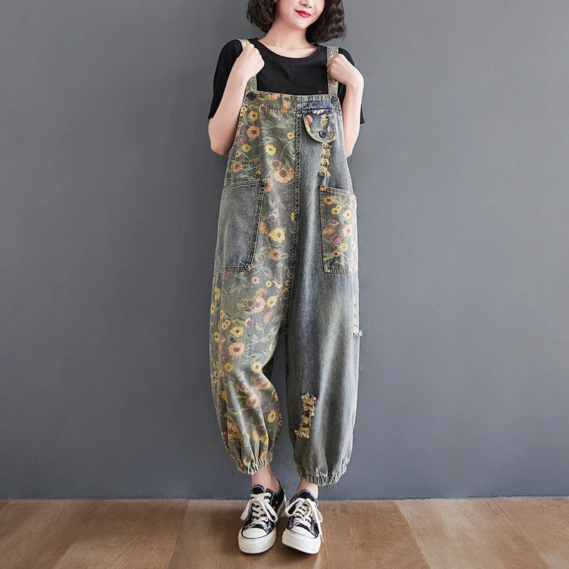 Sizes to 2XL Casual Print Floral Denim Jumpsuits Loose Wide Leg Button-Up Straps Baggy Pants Loose Elastic at Ankles