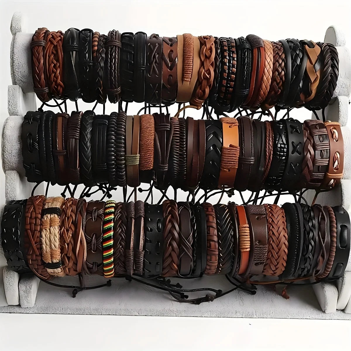 Boho 20Pcs Braided Leather Bracelets with Wood Beads Hemp Cords Tribal Handmade Wrapped Wristband