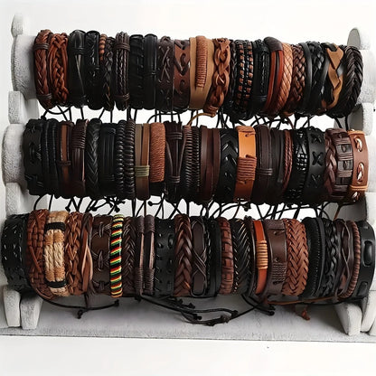 Boho 20Pcs Braided Leather Bracelets with Wood Beads Hemp Cords Tribal Handmade Wrapped Wristband