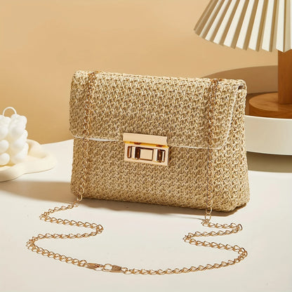 Handwoven Straw Shoulder Bag, Fashion Solid Color Crossbody Purse with Lock Closure
