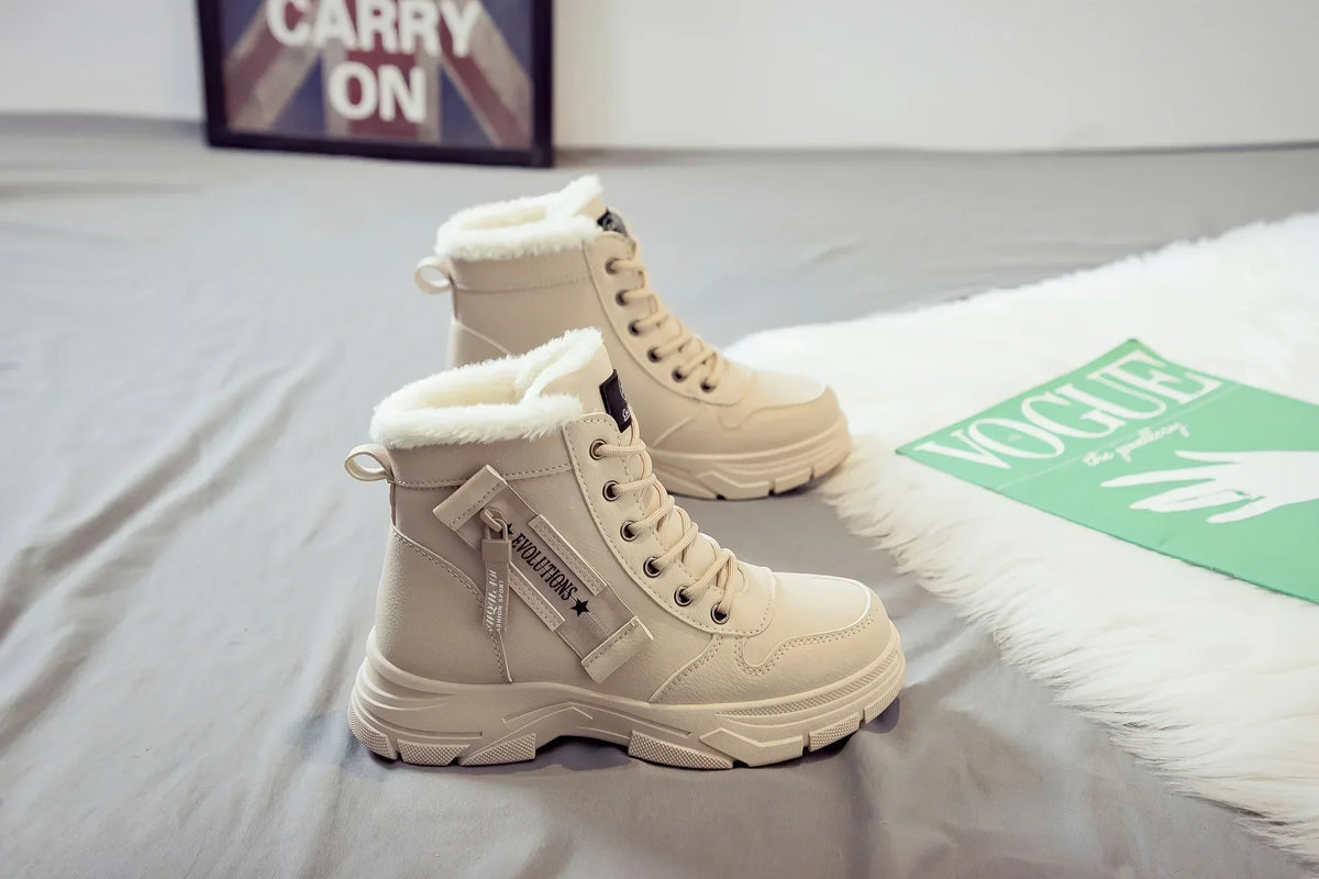 Short Snow Boots, Anti‑Slip, Warm Fur Lined, Lace-Up Casual Ankle Boots, Come in Black, White, Tan