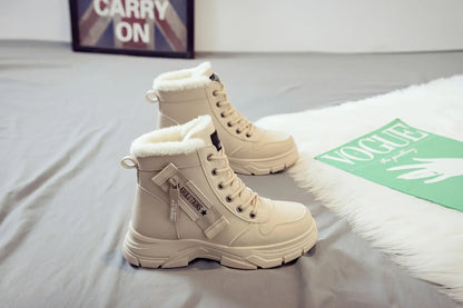 Short Snow Boots, Anti‑Slip, Warm Fur Lined, Lace-Up Casual Ankle Boots, Come in Black, White, Tan