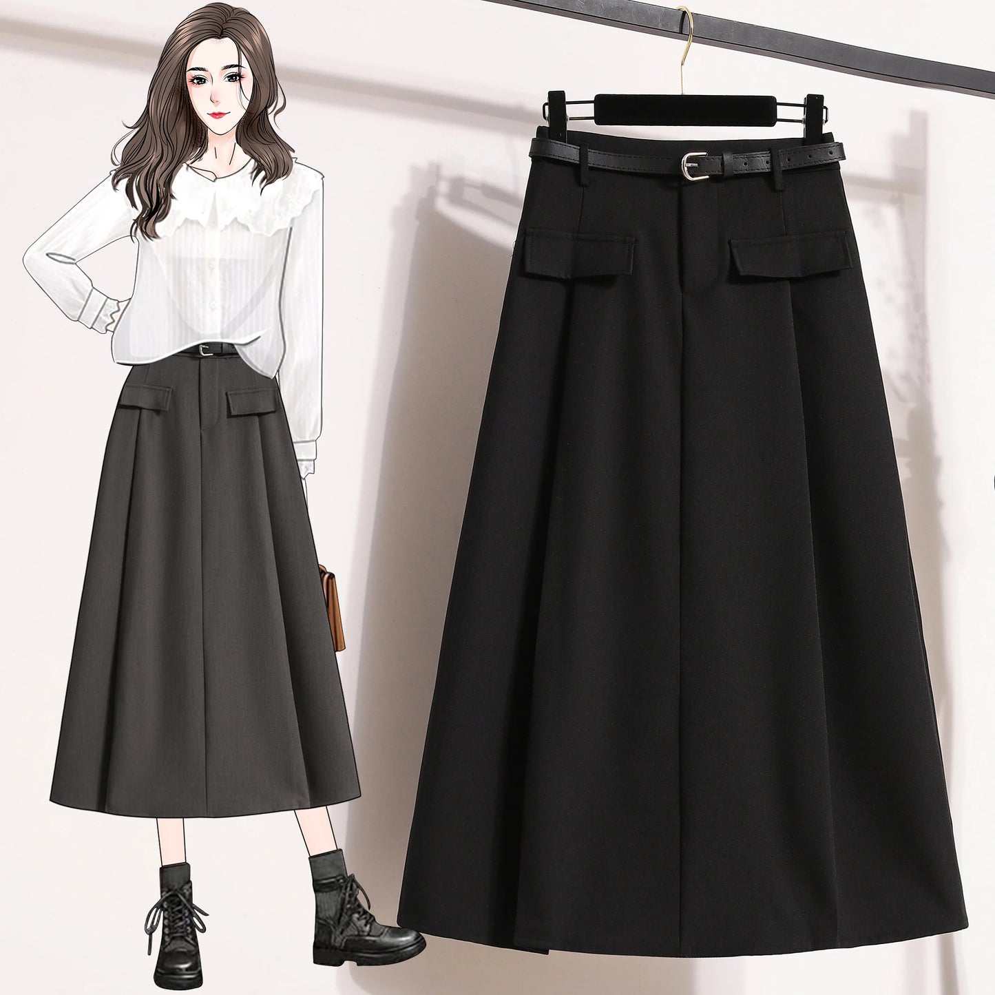 Sizes to 4XL  A-line with Pocket Flaps Solid Simplicity Casual Chic Skirt with Zipper and Elastic Back