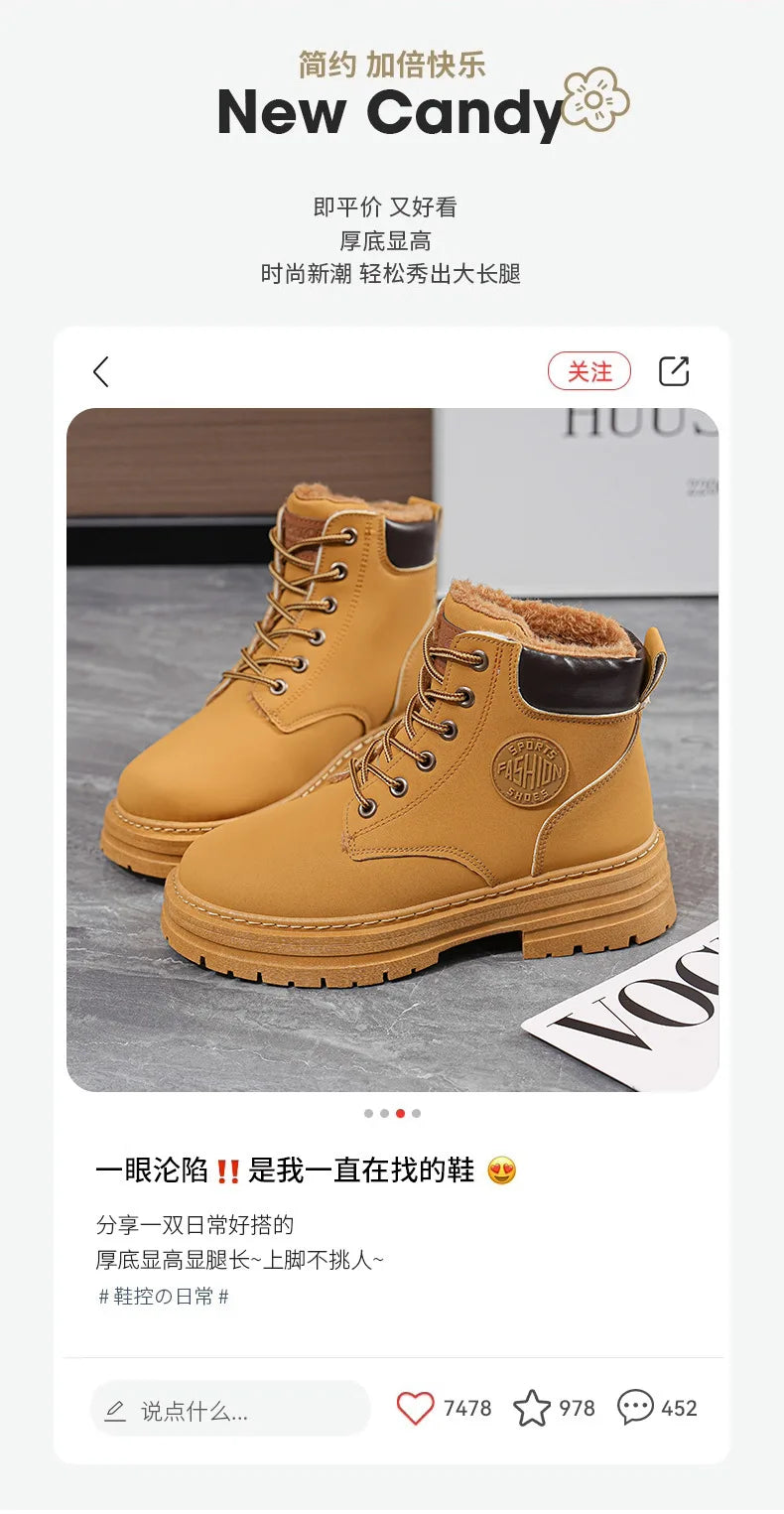High Top Work Boots, Thick Soled, Lace-Up, Anti-Slip Warm Waterproof Women's Boots in Black and Marigold