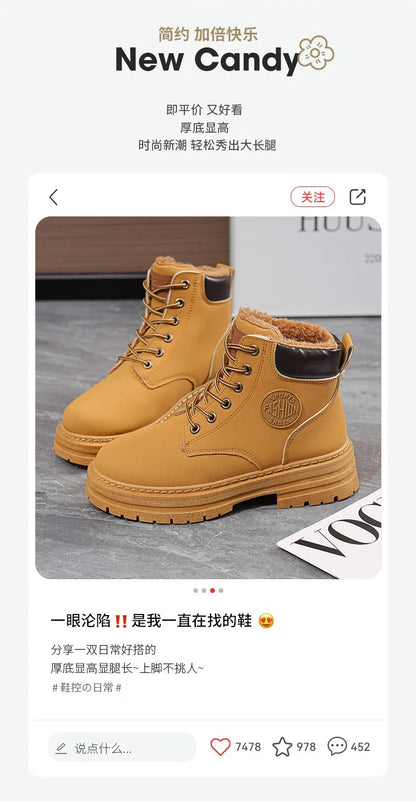 High Top Work Boots, Thick Soled, Lace-Up, Anti-Slip Warm Waterproof Women's Boots in Black and Marigold