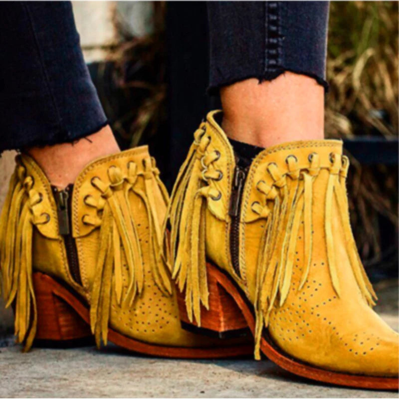 Short Walking with Western Flair, Suede, Low Heel Round Toe, Tassel Ankle Boots with Side Zipper Closure. In Gold and Off White