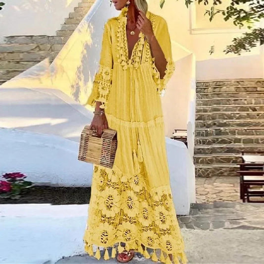 Bohemian Style Sizes to 2XL, White or Yellow, Long, Loose, Lace with Deep V-Neck and Tassels