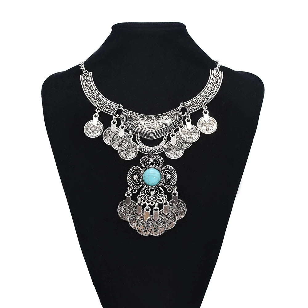 Bohemian Black Blue Stones, Coin tassel Necklace Turkish Gypsy Boho
