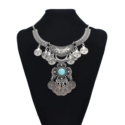 Bohemian Black Blue Stones, Coin tassel Necklace Turkish Gypsy Boho