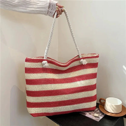 Woven Straw Shoulder Bag Large Capacity Striped 2 Handle Shoulder Bag