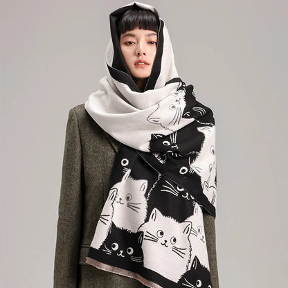 Cute Cat Ladies' Jacquard Pashmina Cashmere Scarf Thick Warm