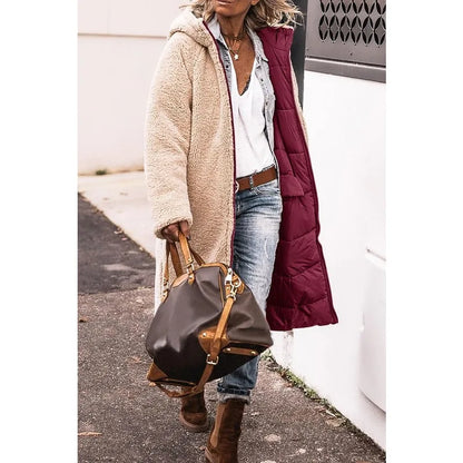 Reversible Sherpa Fleece, Long, Hooded Puffer Coats. Check colors: Brown, Green, Black, Burgundy, Light Gray