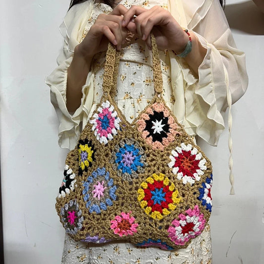 Vintage Boho Tote Bag Trendy, Large Capacity, Colorful Floral Crochet Hand Knitted Purse In 6 different background Colors