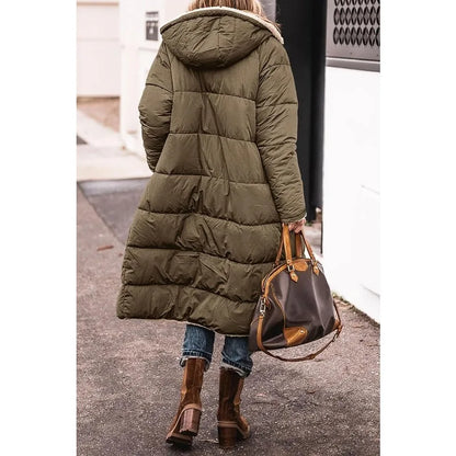 Reversible Sherpa Fleece, Long, Hooded Puffer Coats. Check colors: Brown, Green, Black, Burgundy, Light Gray
