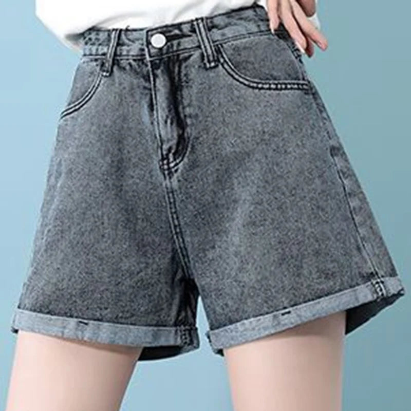 Rolled Edge Denim Shorts Blue Black Gray A-Line Short Jeans