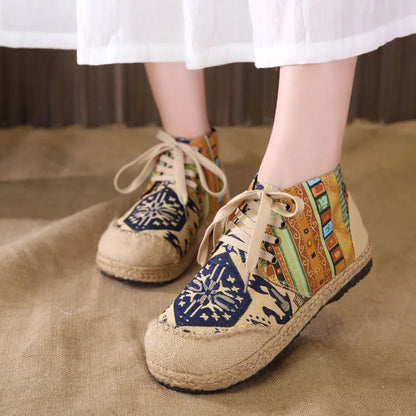 Boho Cotton Linen Canvas Round Toe Lace Up Cloth Shoes Size 35-44
