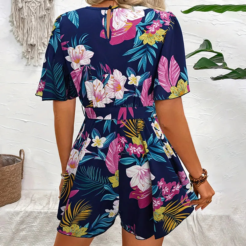 Bohemian Floral Print Short Jumpsuits, Short Loose Airy Sleeves, Wide Legs,