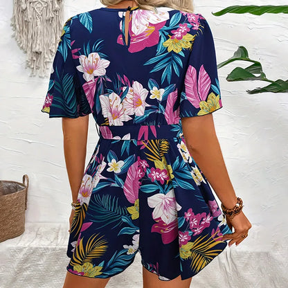 Bohemian Floral Print Short Jumpsuits, Short Loose Airy Sleeves, Wide Legs,