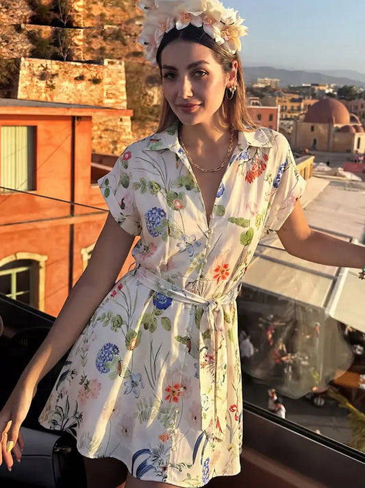 Boho Floral Print Shirt Mini Dress With Belt and Button Down Front, Tie Waist