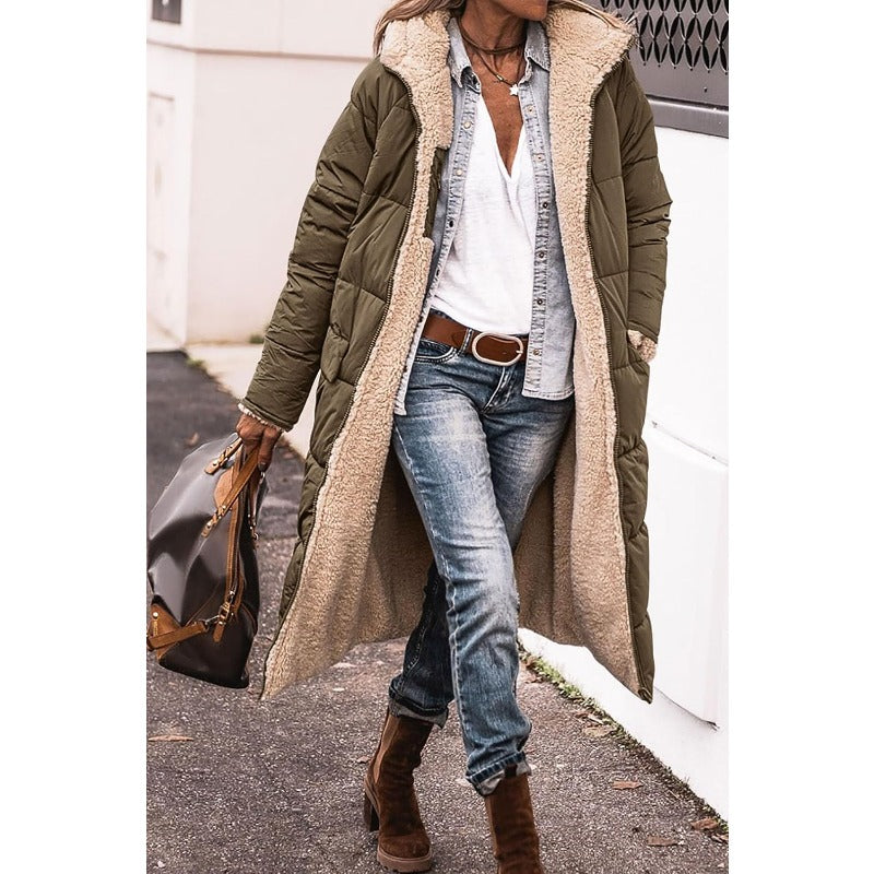 Reversible Sherpa Fleece, Long, Hooded Puffer Coats. Check colors: Brown, Green, Black, Burgundy, Light Gray