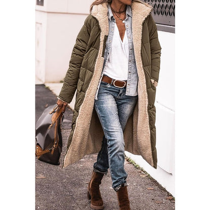 Reversible Sherpa Fleece, Long, Hooded Puffer Coats. Check colors: Brown, Green, Black, Burgundy, Light Gray