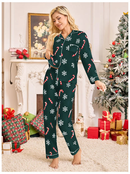 Christmas Long Sleeved Long Pants Snowflake Print Pajamas in Red, Green, White