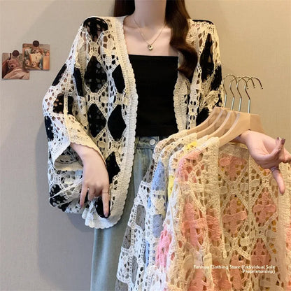 Bohemian Style Hollowed-out Long Sleeve Light Weight Sweater with V Neck and Batwing Sleeves