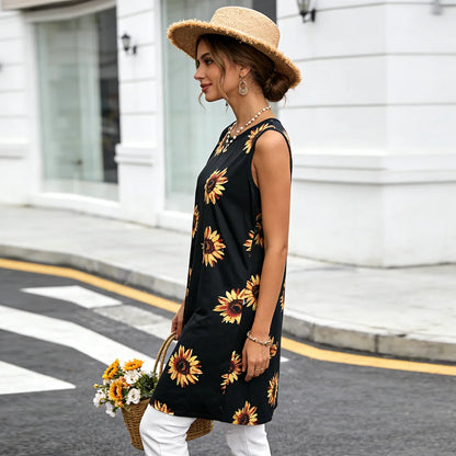 Boho Sunflower Print Loose Dress Fashion Casual Sleeveless Midi Dress