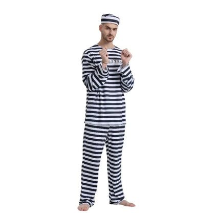 Adult Prisoner Costume Includes Top, Pants, and Headwear