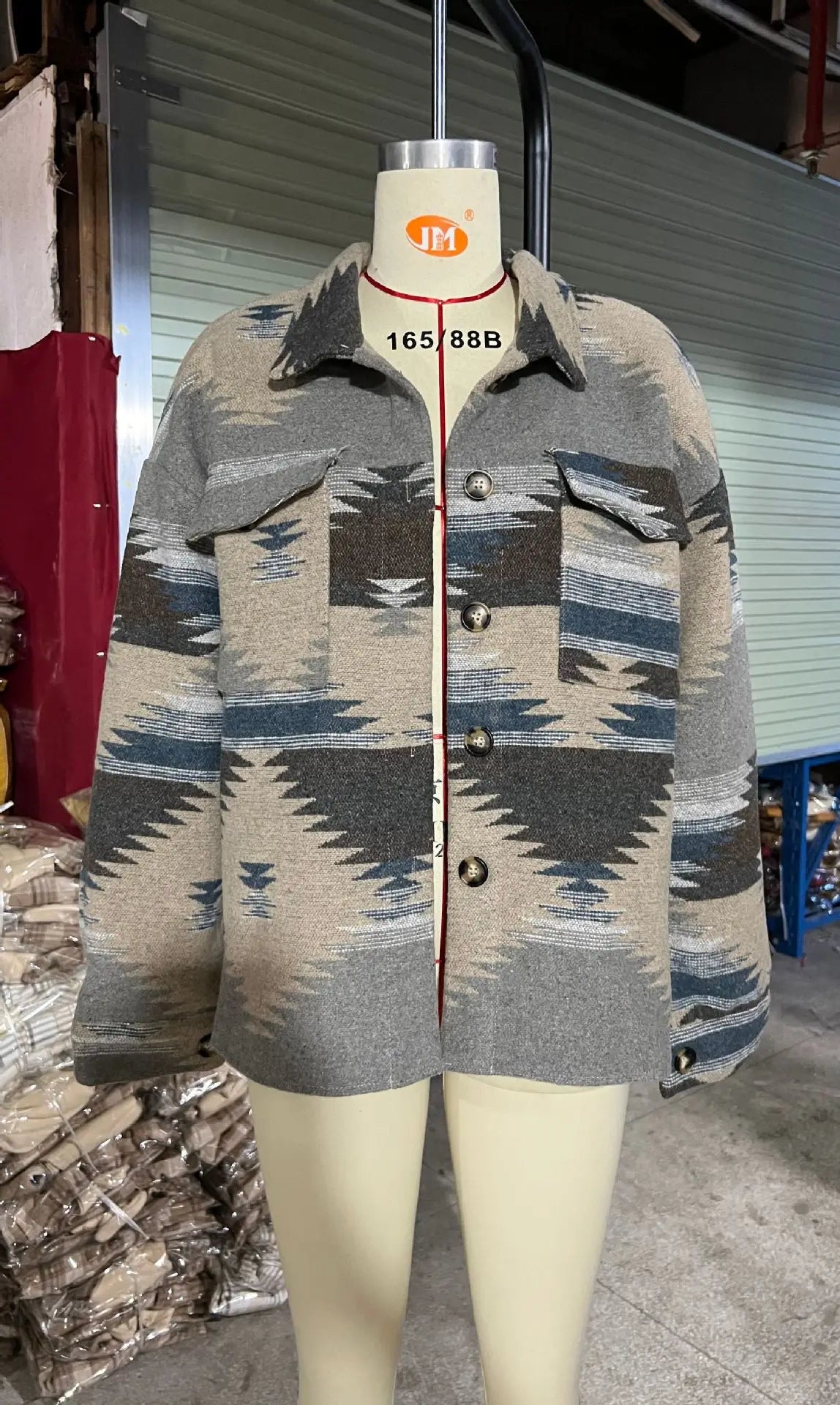 Vintage Loose Denim Jacket, Aztec Retro Ethnic Style, Long Sleeved, Shirt Collar, Sizes to XXL
