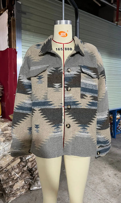 Vintage Loose Denim Jacket, Aztec Retro Ethnic Style, Long Sleeved, Shirt Collar, Sizes to XXL