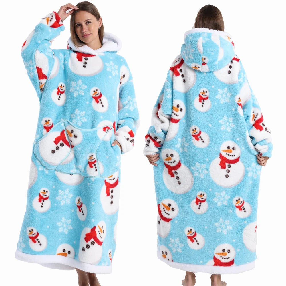 Super Long Flannel Pullover Night Shirt with Pocket and Hood, Super Snuggly for Men and Women, 12 Different Prints