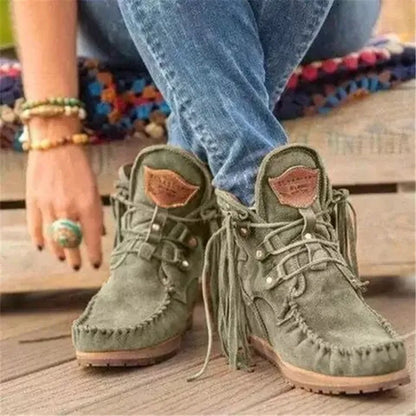 Lace-Up Boho Brushed Denim Ankle Boots with Ties and Tassels
