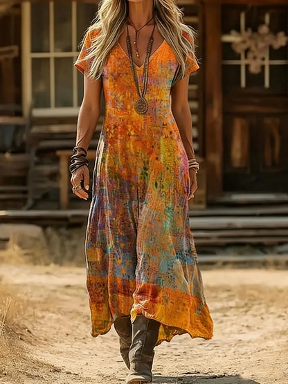 Sizes to 5XL Retro Ethnic Tie-Dye Dress V-Neck Short Sleeve Loose Maxi Dress