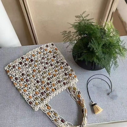 Boho Crochet Shoulder Bag Colorful Beaded  Tote Handbag