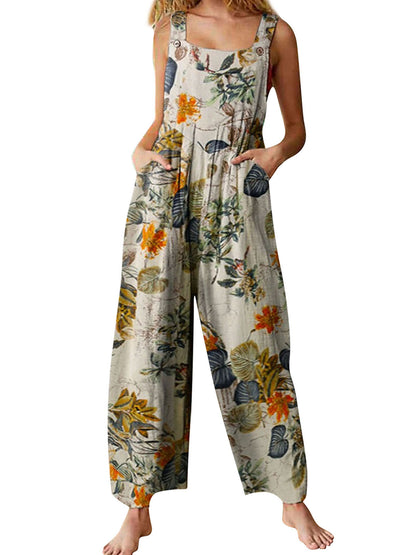 Floral Print, Square Neck, Sleeveless, Casual Overalls with Pockets