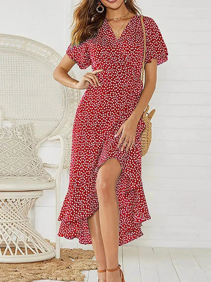 Bohemian Long Chiffon Dress, Ruffle Hem, Wrap  with Tie, Casual V-Neck