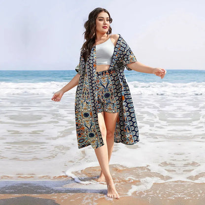 Beachwear, Plus Sizes to 4XL Women's  Printed Two-piece Set,  Bohemian Print Open Front Kimono with Short Sleeves and Shorts Ensemble.