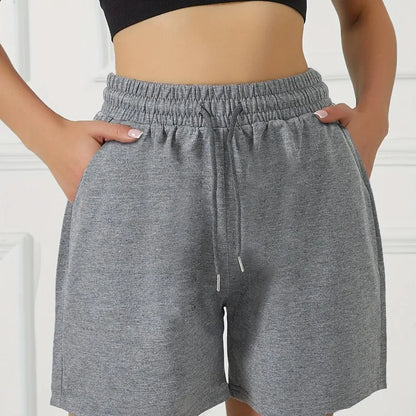 Ladies' front pockets, elastic and drawstring waist, casual exercise shorts
