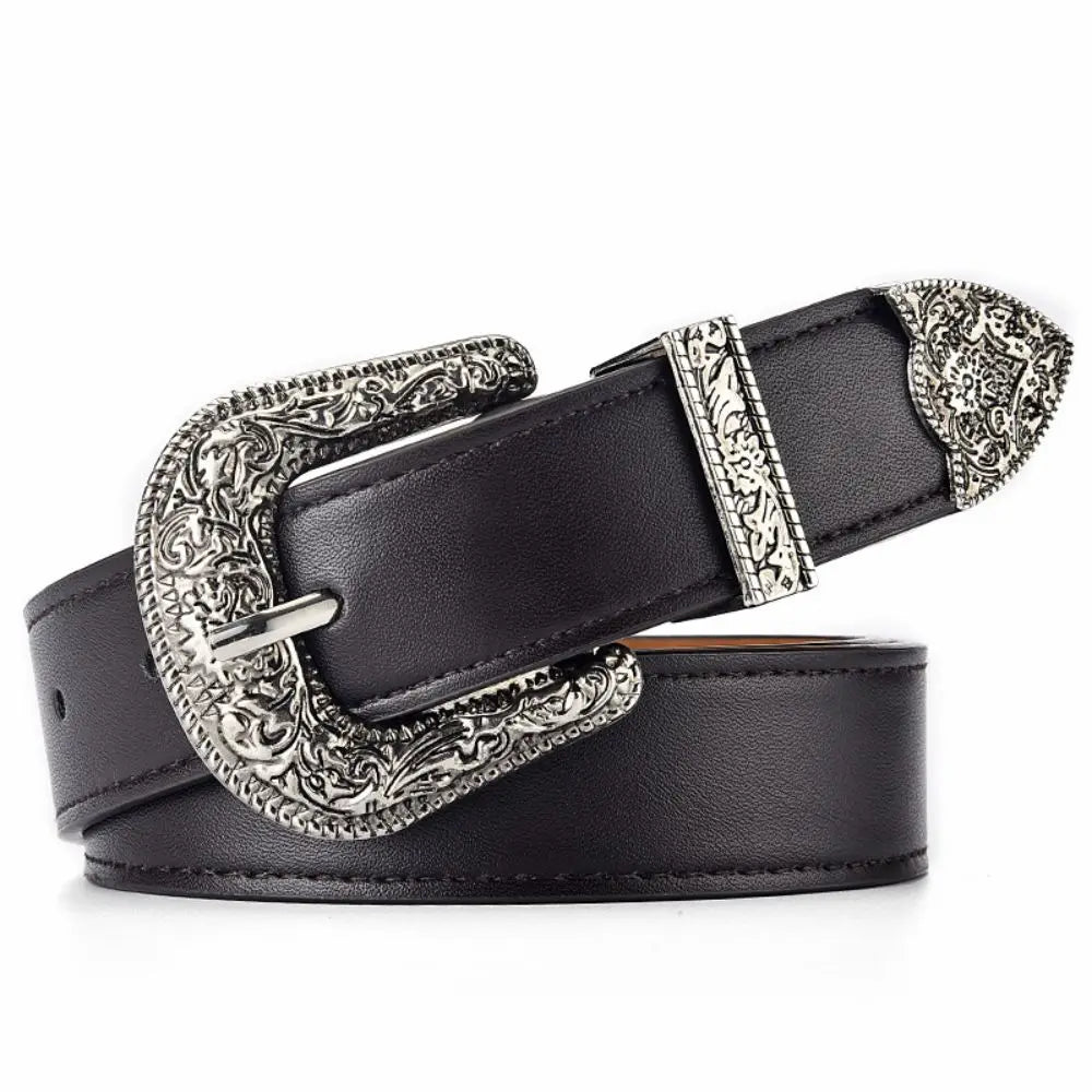 Vintage Carved Needle Buckle Belt PU Leather Belt