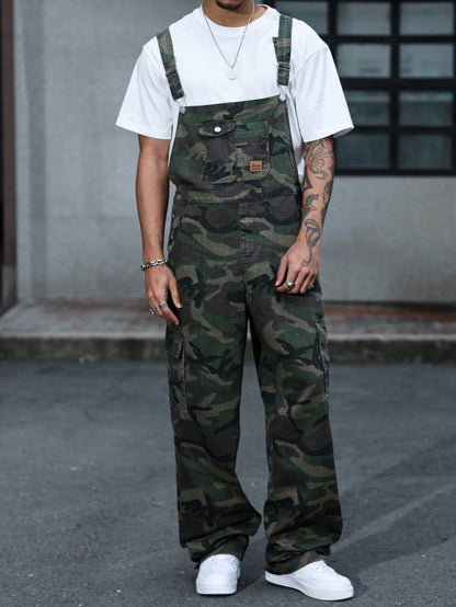 Denim Camo Overalls Adjustable straps Wide legs