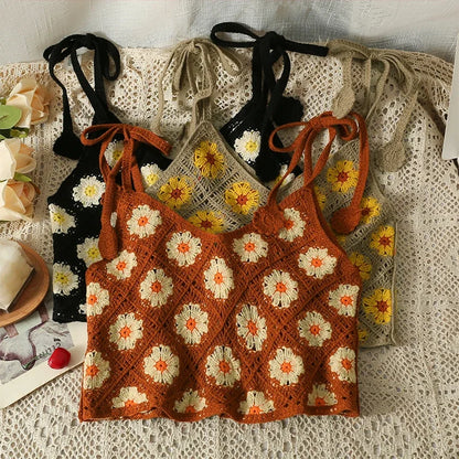 Floral Sleeveless Crochet Top with lace-up shoulder straps