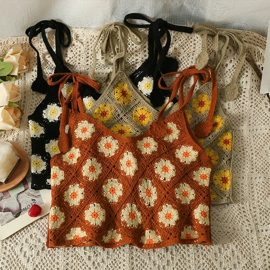 Floral Sleeveless Crochet Top with lace-up shoulder straps
