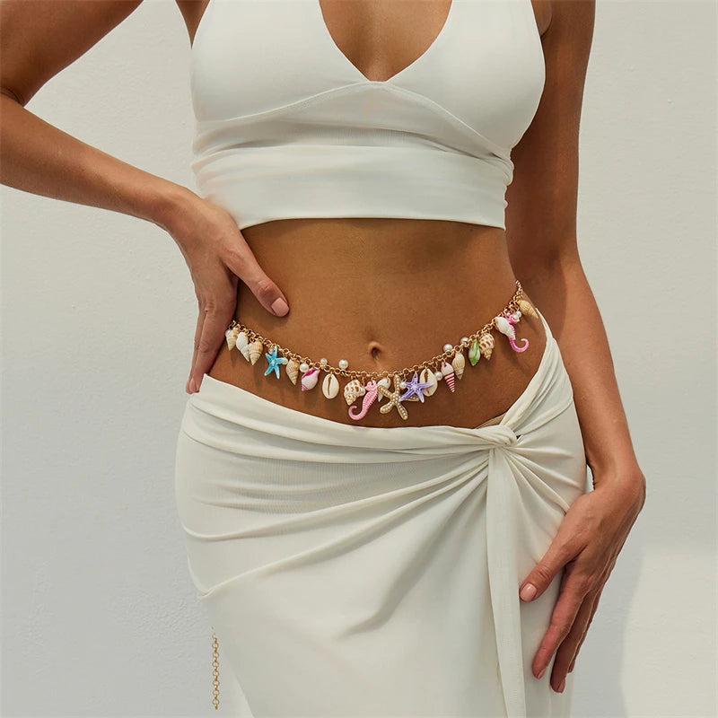 Boho Starfish and Shell Beaded Waist Pendant, Extra chain in Back