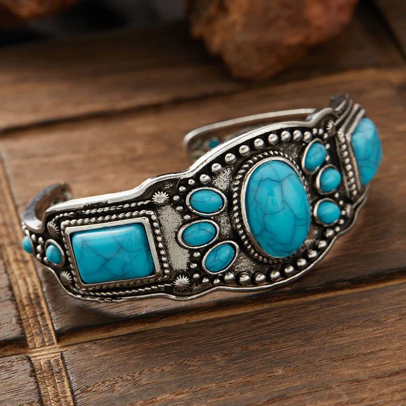Vintage Bohemian Jewelry Cuff Bracelet with Faux Turquoise Opening Adjustable