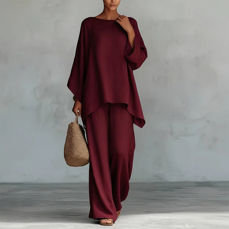 Retro Loose Linen, Long-Sleeved, Extra-Wide Legged Pantsuit, Angled Hem on Top Hem and Sleeves. Comes in Wine Red, White, Grey, Black, and Khaki