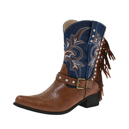 Vintage Western Cowboy Boots, Embroidered, Tassels, Studded, Block Heel, Versatile