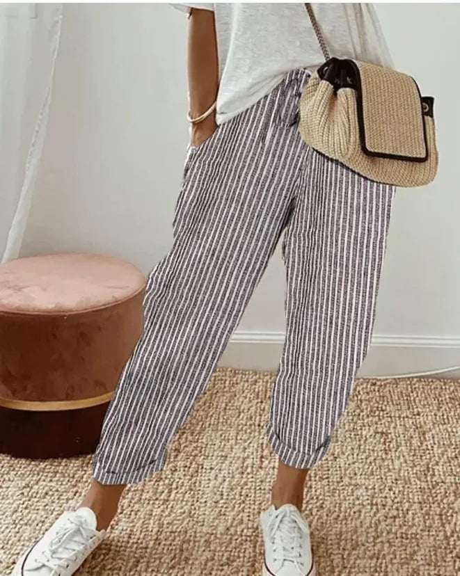 !0 colors, Casual Loose, Striped, Drawstring Elastic Waist Pants With Cuffs and Pockets