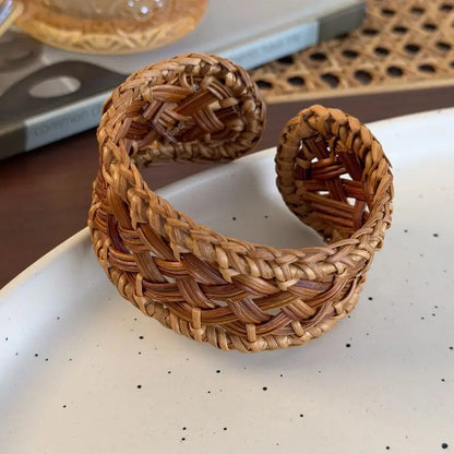 Boho Coffee Wood Bamboo Rattan Knit Wide Bracelets,  Hand-woven Wrapped Vintage Cuff Bracelets