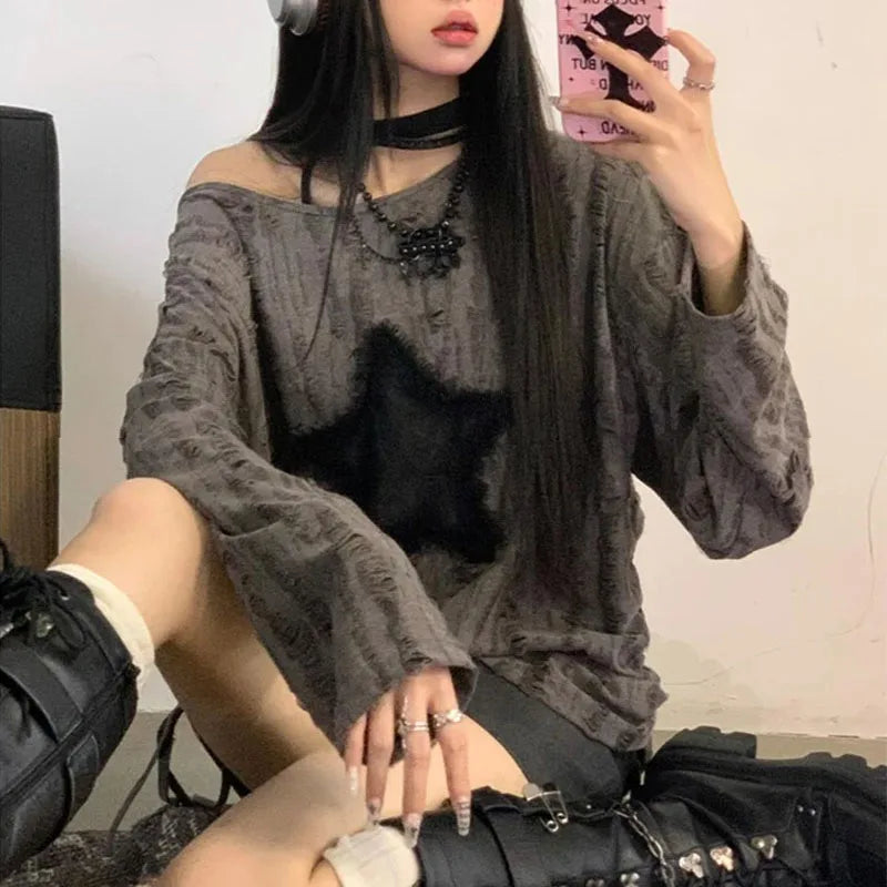 Star Print T-Shirt, Streetwear, Off Shoulder Tops, Oversized, Long Sleeve Loose Tees